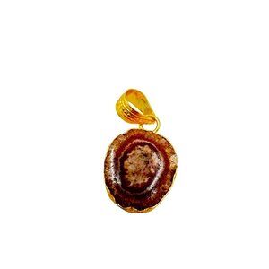 Natural Brown Agate Geode Pendant Wrapped in Goldtone w/bail Earthy Tones Boho